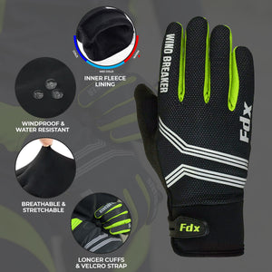 FDX Unisex Yellow & Black Full Finger Winter Cycling Gloves - warm windproof anti-slip MTB padded unisex gloves, waterproof touch compatible women racing mitts