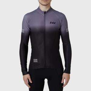 Fdx Mens Black & Grey Long Sleeve Cycling Jersey for Winter Roubaix Thermal Fleece Road Bike Wear Top Full Zipper, Pockets & Hi-viz Reflectors - Duo