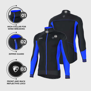 Fdx Men's Black & Blue Long Sleeve Best Cycling Jersey for Winter Roubaix Thermal Fleece Road Bike Wear Top Full Zipper, Pockets & Hi viz Reflectors - Thermodream