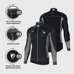 Fdx Men's Black & Grey Long Sleeve Best Cycling Jersey for Winter Roubaix Thermal Fleece Road Bike Wear Top Full Zipper, Pockets & Hi viz Reflectors - Thermodream