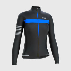 Fdx Best Women's Black & Blue Long Sleeve Cycling Jersey for Winter Roubaix Thermal Fleece Shirt Road Bike Wear Top Full Zipper, Lightweight Pockets & Hi viz Reflectors - All Day