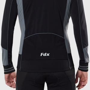Fdx Men's Black & Grey Road Cycling Long Sleeve Jersey for Winter Roubaix Thermal Fleece Road Bike Wear Top Full Zipper, Pockets & Hi viz Reflectors - Thermodream