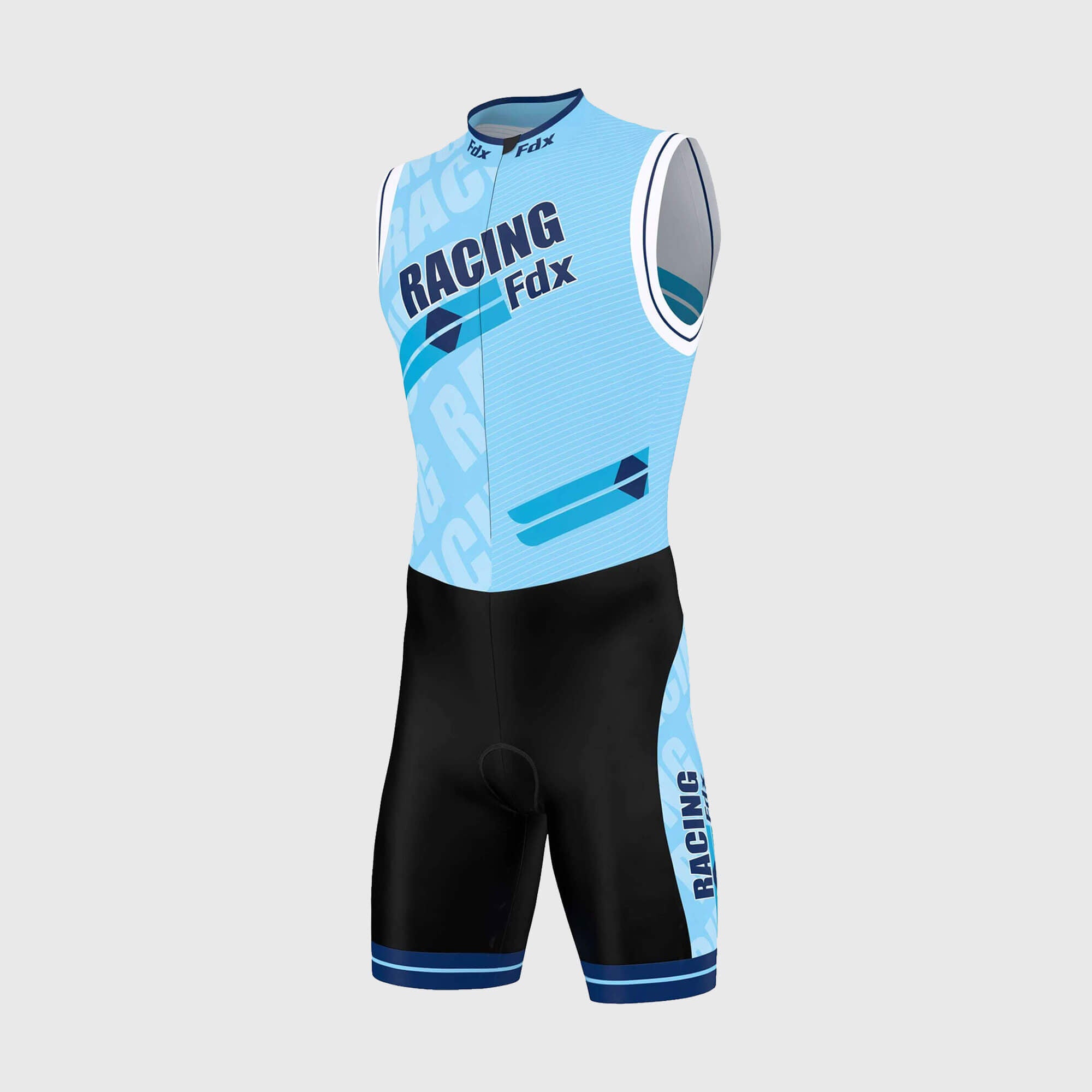 Fdx Mens Black & Blue Sleeveless Gel Padded Triathlon / Skin Suit for Summer Cycling Wear, Running & Swimming Half Zip - Core