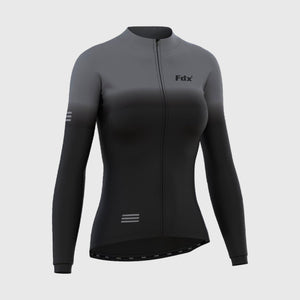 Fdx Best Women's Black & Grey Long Sleeve Cycling Jersey for Winter Roubaix Thermal Fleece Shirt Road Bike Wear Top Full Zipper, Lightweight Pockets & Hi viz Reflectors - Duo