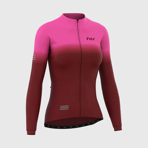 Fdx Best Women's Pink & Maroon Long Sleeve Cycling Jersey for Winter Roubaix Thermal Fleece Shirt Road Bike Wear Top Full Zipper, Lightweight Pockets & Hi viz Reflectors - Duo