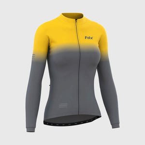 Fdx Best Women's Yellow & Grey Long Sleeve Cycling Jersey for Winter Roubaix Thermal Fleece Shirt Road Bike Wear Top Full Zipper, Lightweight Pockets & Hi viz Reflectors - Duo