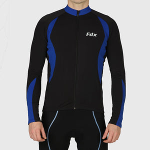 Fdx Blue Long Sleeve Men's Best Cycling Jersey for Winter Roubaix Thermal Fleece Road Bike Wear Top Full Zipper, Pockets & Hi viz Reflectors - Viper