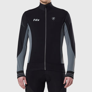 Fdx Long Sleeve Cycling Jersey for Men's Black & Grey Winter Roubaix Thermal Fleece Road Bike Wear Top Full Zipper, Pockets & Hi viz Reflectors - Thermodream
