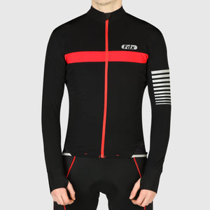 Fdx Men's Black & Red Full Sleeve Cycling Jersey for Winter Roubaix Thermal Fleece Road Bike Wear Top Full Zipper, Pockets & Hi viz Reflectors - All Day