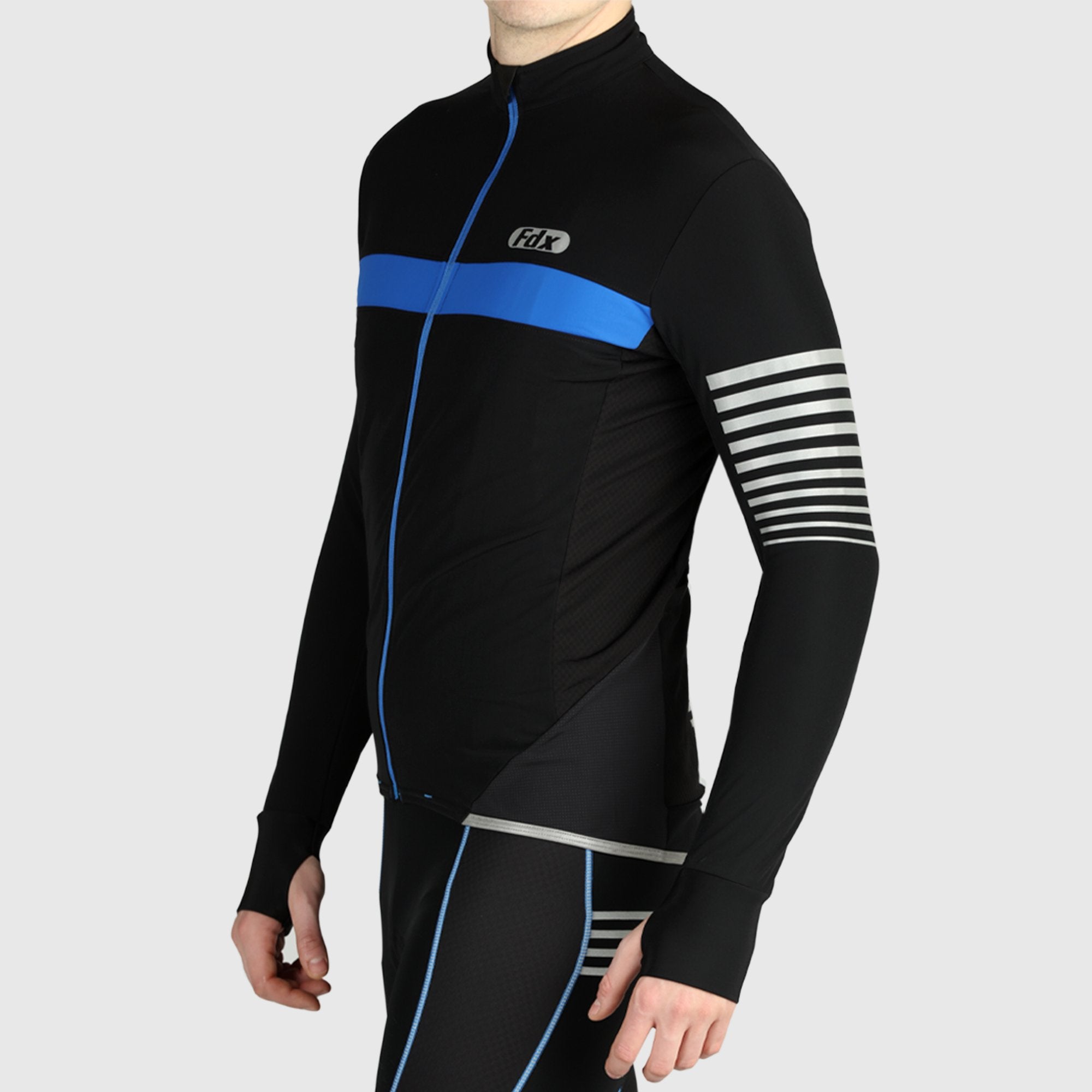 Fdx Men's Black & Blue Best Long Sleeve Cycling Jersey for Winter Roubaix Thermal Fleece Road Bike Wear Top Full Zipper, Pockets & Hi viz Reflectors - All Day