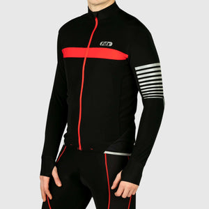 Fdx Mens Black & Red Long Sleeve Cycling Jersey & Gel Padded Bib Tights Pants for Winter Roubaix Thermal Fleece Road Cycling Wear Windproof, Hi-viz Reflectors & Pockets - All Day