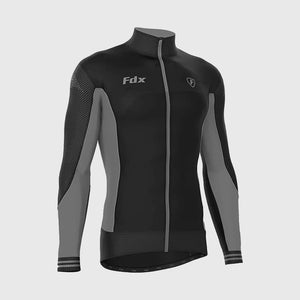Fdx Best Men's Black & Grey Long Sleeve Cycling Jersey for Winter Roubaix Thermal Fleece Road Bike Wear Top Full Zipper, Pockets & Hi viz Reflectors - Thermodream