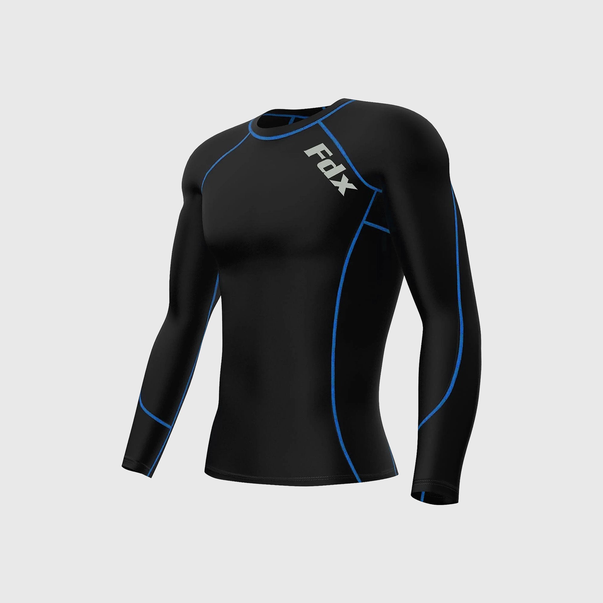 Fdx Men's Black & Blue Long Sleeve Compression Top Running Gym Workout Wear Rash Guard Stretchable Breathable - Thermolinx