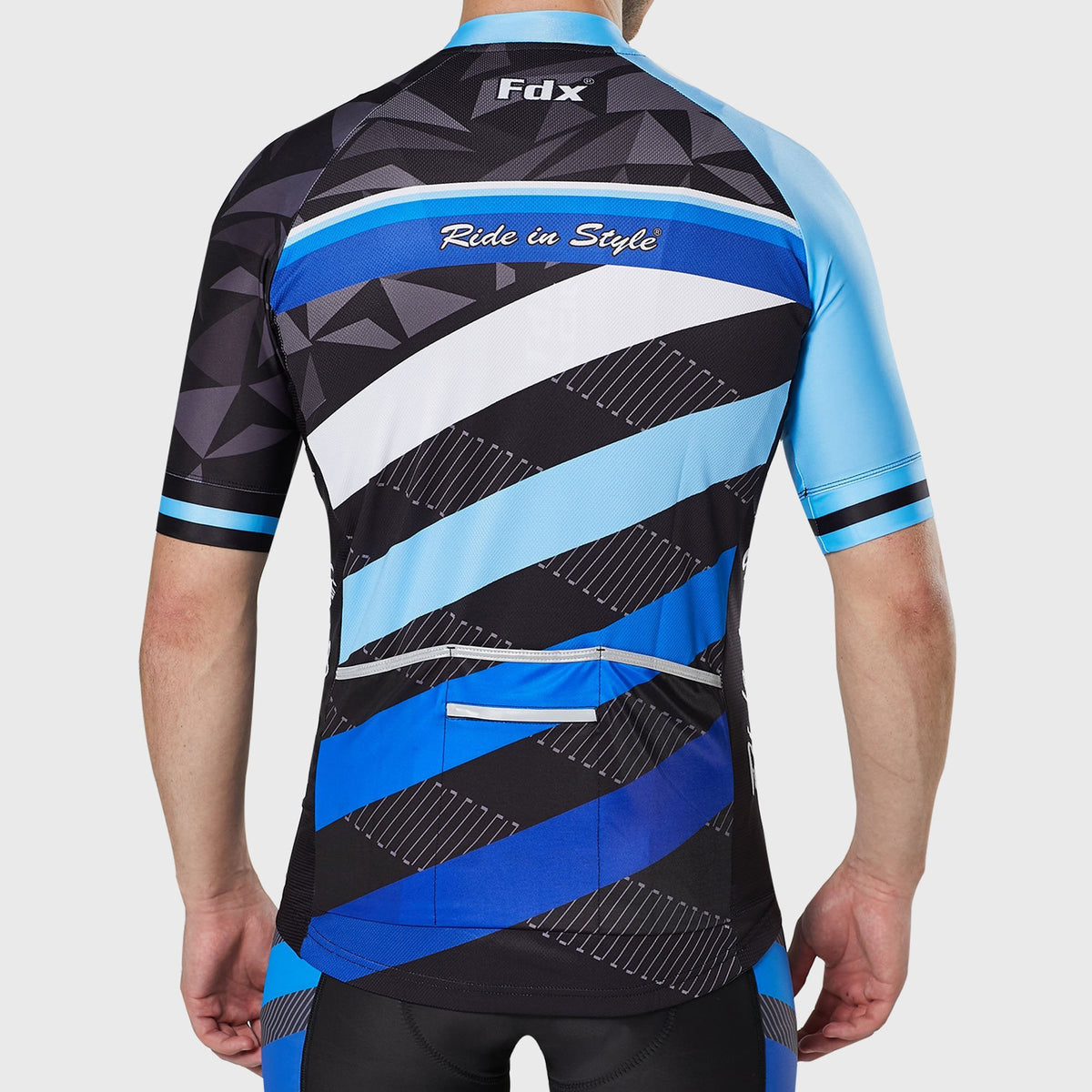 Fdx blue & black men’s full zip best short sleeves cycling jersey Hi-Viz Reflective details breathable summer lightweight biking top, skin friendly Hi-Viz Reflective half sleeves cycling shirt for indoor & outdoor riding with two back pockets