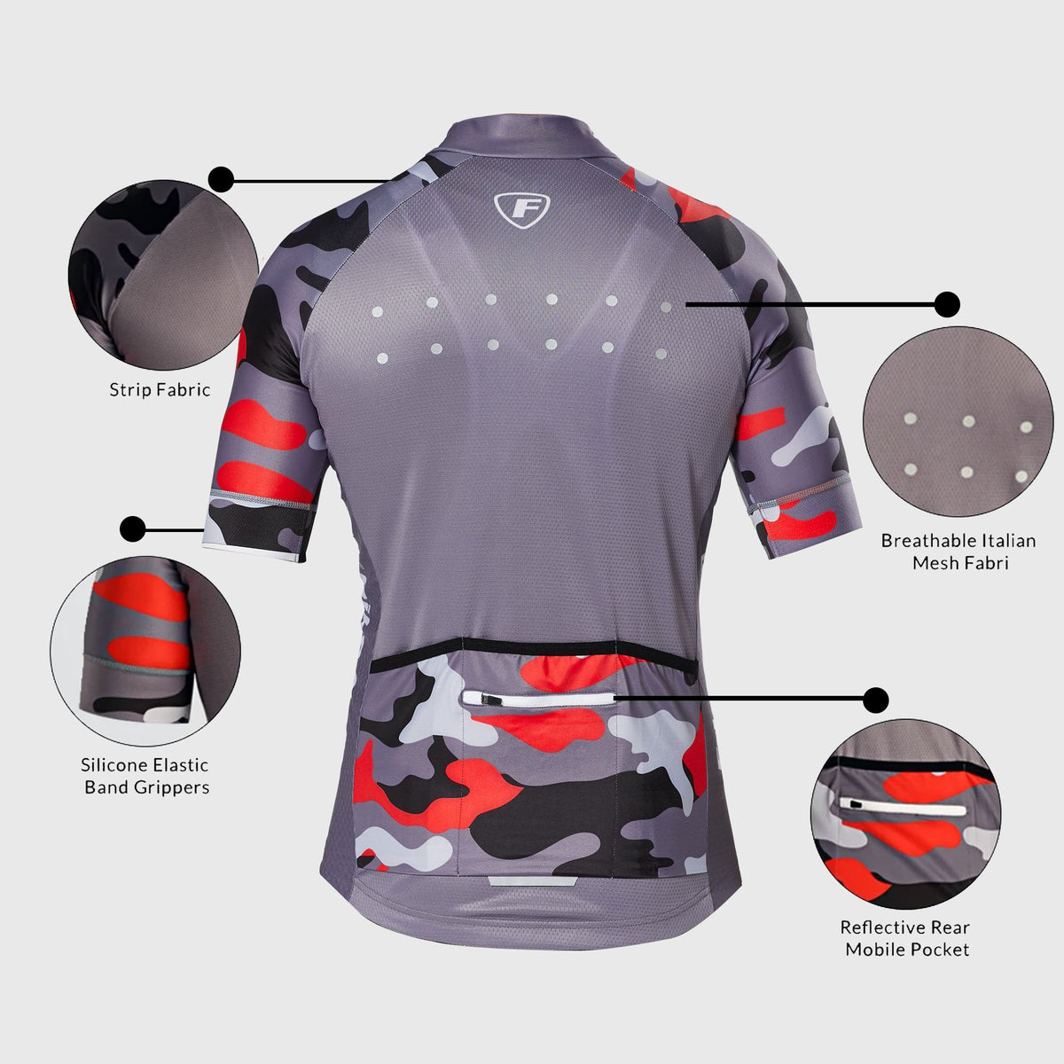 Fdx Men's Grey Camo Short Sleeve Cycling Jersey Best Summer Road Bike Wear Light Weight, Hi-viz Reflectors & Pockets - Camouflage