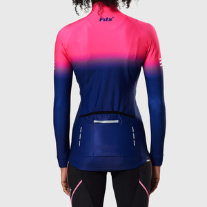 Fdx Women's Blue & Pink Long Sleeve Cycling Jersey & Cushion Padded Bib Tights Pants for Winter Roubaix Thermal Fleece Road Bike Wear Windproof, Hi viz Reflectors & Pockets - Duo