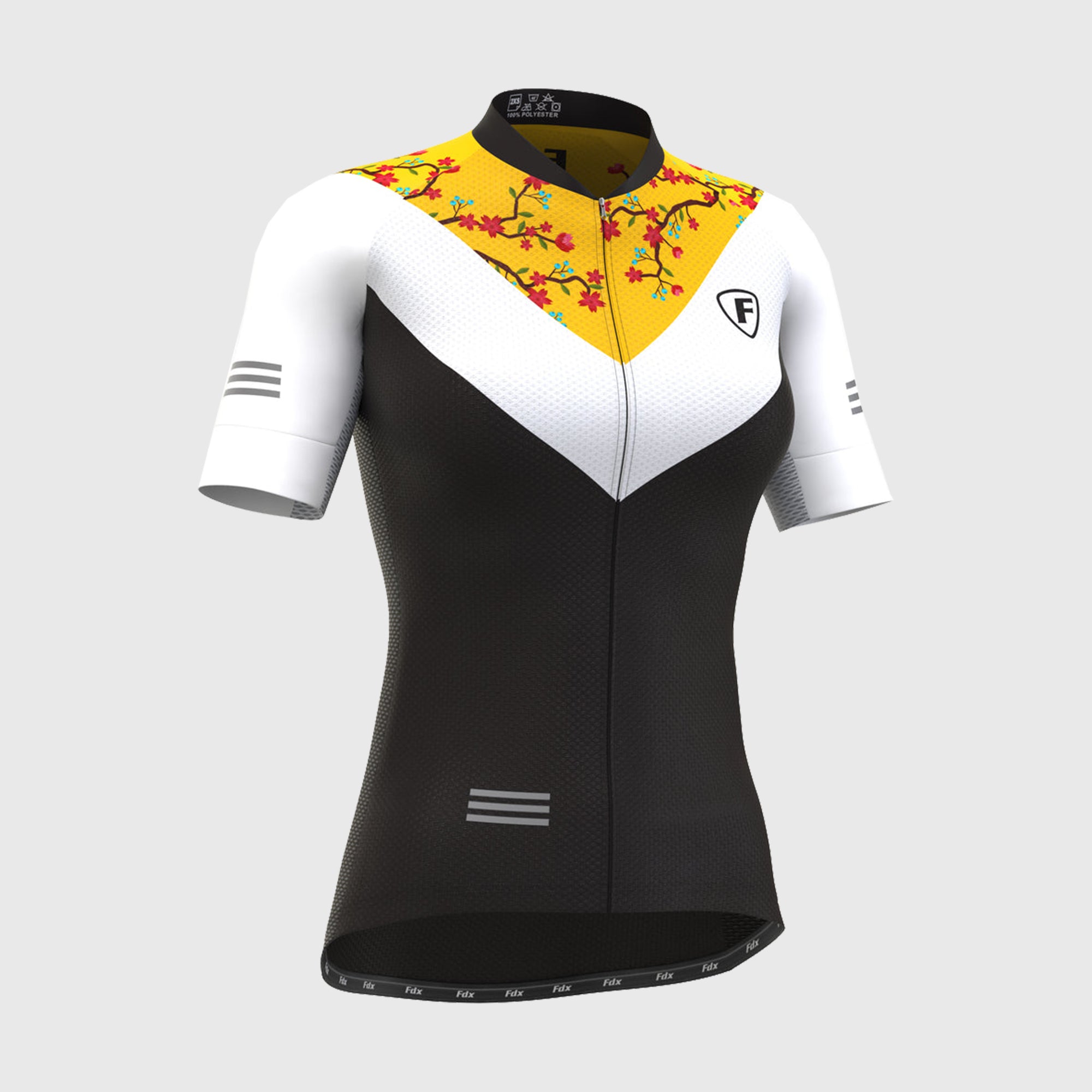 Fdx Women's Yellow & Black Short Sleeve Cycling Jersey Breathable Quick Dry Mesh Fleece Full Zip Hi Viz Reflectors & Pockets Summer Cycling Gear 