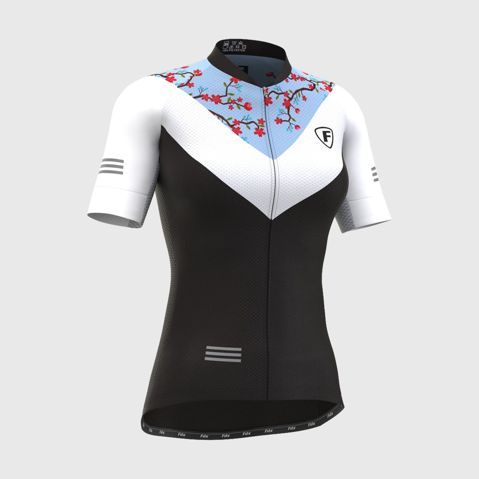 Fdx Women's Blue & White Short Sleeve Cycling Jersey Breathable Quick Dry Mesh Fleece Full Zip Hi Viz Reflectors & Pockets Summer Cycling Gear 