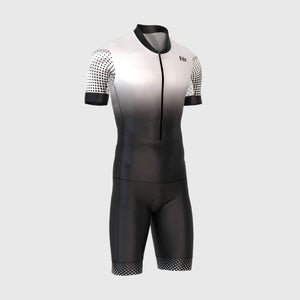 FDX Fusion white & Black Cushion Padded Triathlon & Tri Suit Breathable, Flat Seam Stitching, Quick Dry Fabric, Anti Slip Leg Gripper, Mesh Back Pockets Best for Training & Running