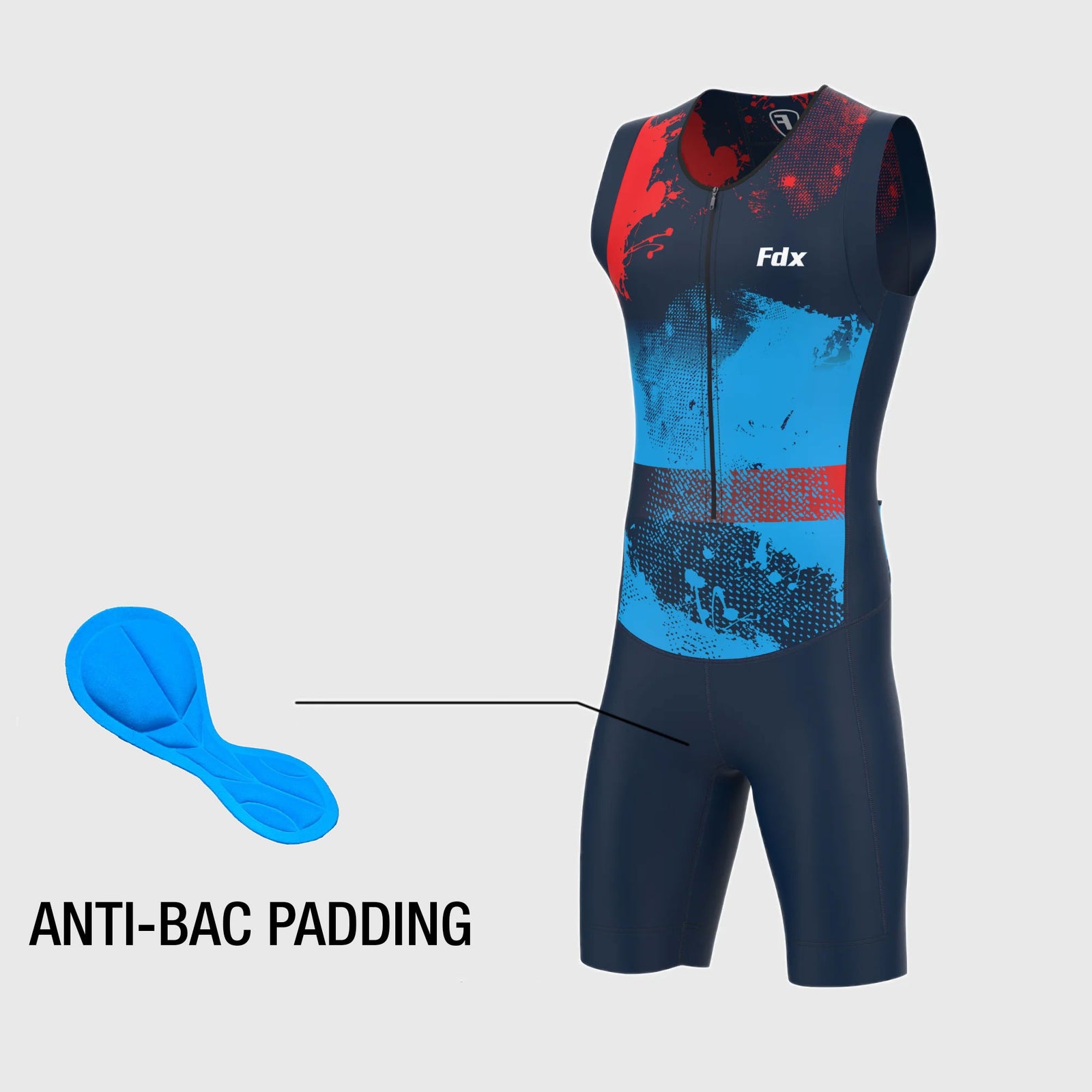 FDX Flash Navy Blue Men Cushion Padded Tri Suit Breathable, Quick Dry Fabric, Anti Slip Leg Gripper, Slim Fit, Mesh Pocket, Flat Seam Stitching & Lightweight best for cycling race & Training Au
