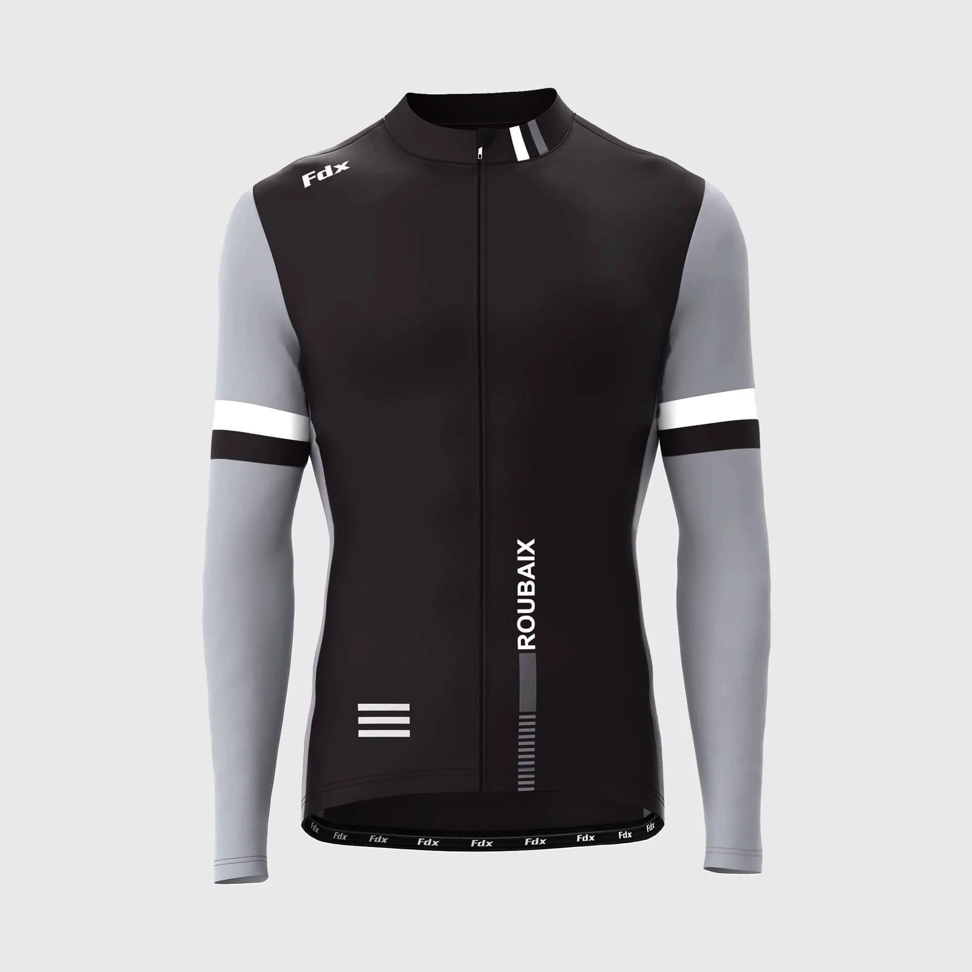 Fdx Men's Black & Grey Long Sleeve Cycling Jersey for Winter Roubaix Thermal Fleece Road Bike Wear Top Full Zipper, Pockets & Hi viz Reflectors - Limited Edition