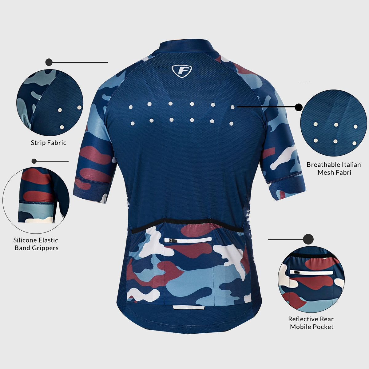 Fdx Men's Blue Camo Short Sleeve Cycling Jersey Best Summer Road Bike Wear Light Weight, Hi-viz Reflectors & Pockets - Camouflage