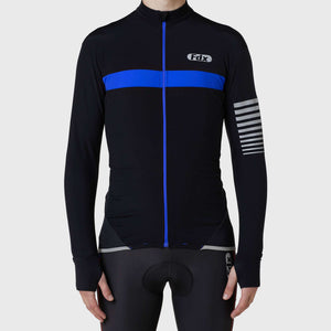 Fdx Mens Black & Blue Long Sleeve Cycling Jersey & Gel Padded Bib Tights Pants for Winter Roubaix Thermal Fleece Road Bike Wear Windproof, Hi-viz Reflectors & Pockets - All Day