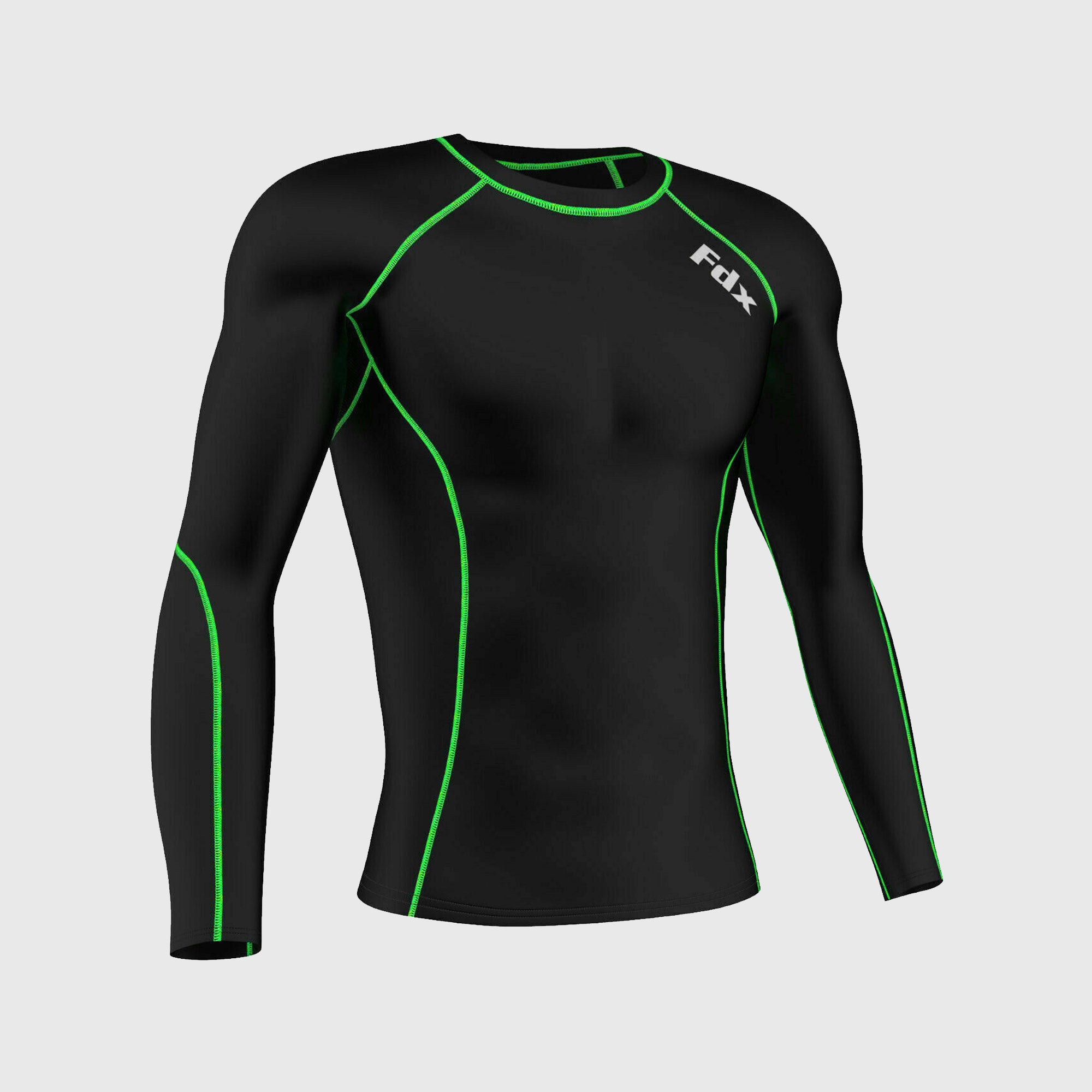 Fdx Men's Black & Green Long Sleeve Compression Top & Compression Tights Base Layer Gym Training Jogging Yoga Fitness Body Wear - Thermolinx
