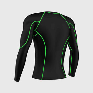 Fdx Mens Black & Green Long Sleeve Compression Top Running Gym Workout Wear Rash Guard Stretchable Breathable - Thermolinx