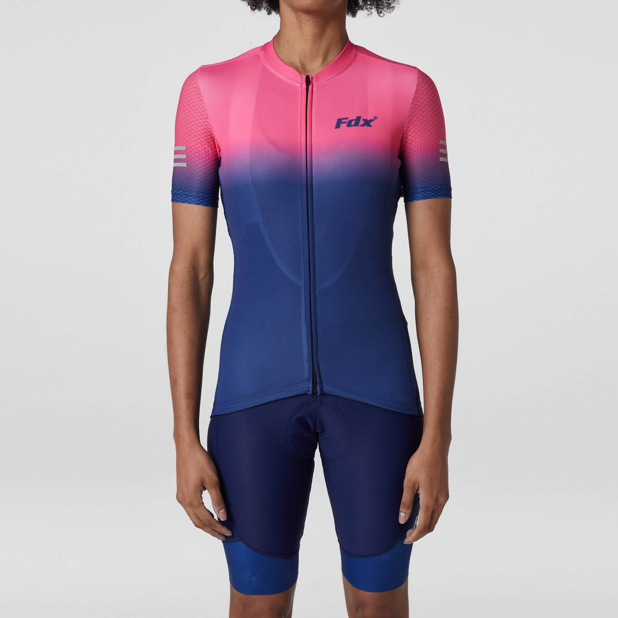 Fdx Women's Pink & Blue Short Sleeve Cycling Jersey & Gel Padded Bib Shorts Best Summer Road Bike Wear Light Weight, Hi-viz Reflectors & Pockets - Duo