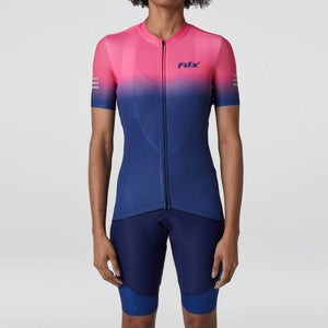 Fdx Women's Short Sleeve Cycling Jersey Blue & Pink 3D Cushion Padded Bib Shorts Best Summer Road Bike Wear Light Weight, Hi viz Reflectors & Pockets - Duo