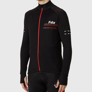 Fdx Men's Black & Red Long Sleeve Cycling Jersey for Winter Roubaix Thermal Fleece Road Bike Wear Top Full Zipper, Pockets & Hi viz Reflectors - Arch