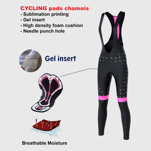 Fdx Womens Black & Pink Gel Padded Cycling Bib Tights For Winter Roubaix Thermal Fleece Breathable Reflective Warm Leggings - Polka Dots Bike Pants