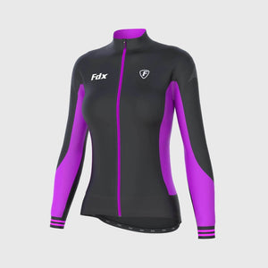 Fdx Women's Black & Purple Long Sleeve Cycling Jersey & Gel Padded Bib Tights for Winter Roubaix Thermal Fleece Road Bike Wear Windproof, Hi-vis Reflectors & Pockets - Thermodream