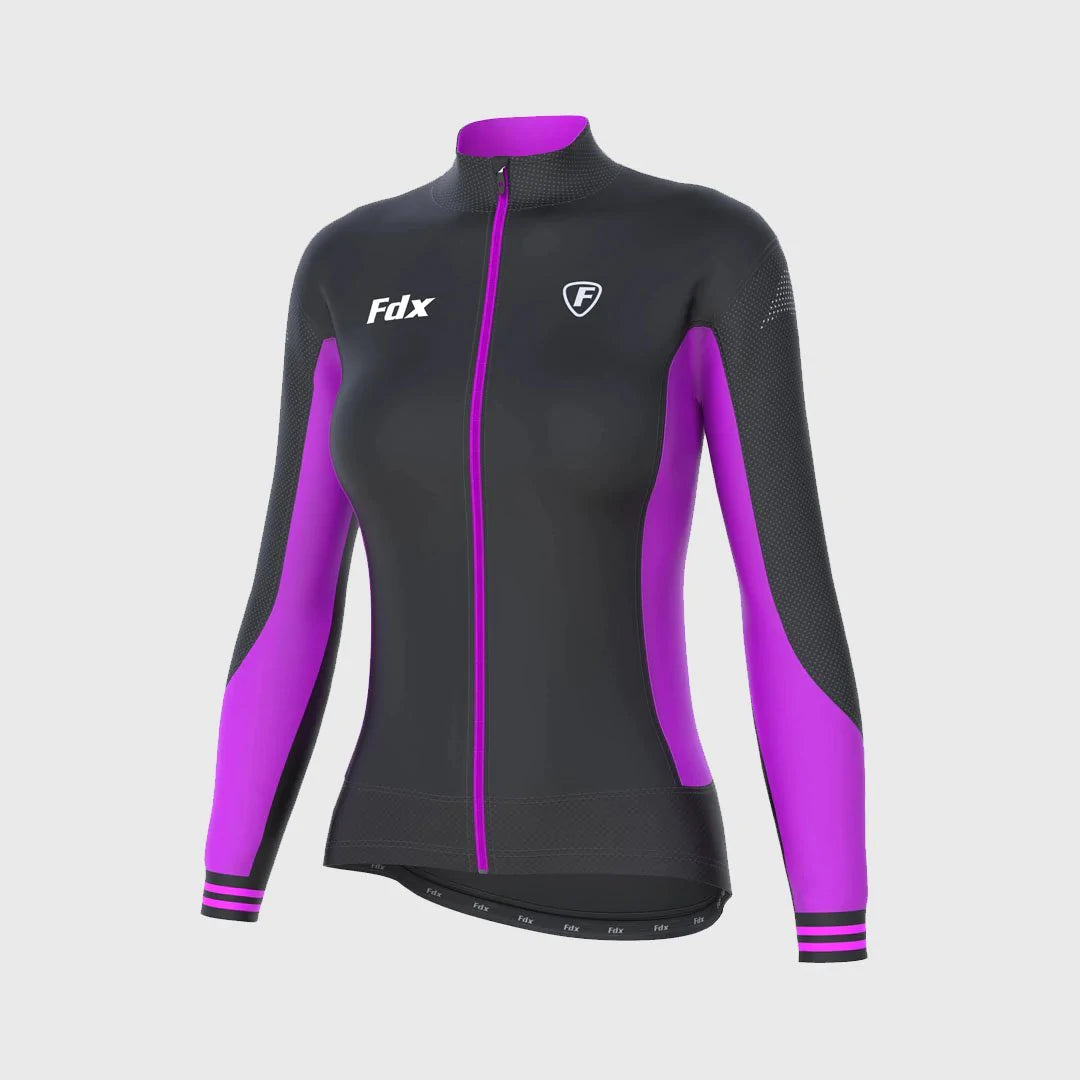 Fdx Best Women's Black & Purple Long Sleeve Cycling Jersey for Winter Roubaix Thermal Fleece Shirt Road Bike Wear Top Full Zipper, Lightweight  Pockets & Hi viz Reflectors - Thermodream