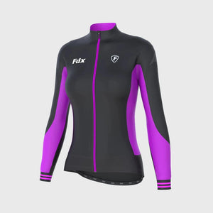 Fdx Women's Black & Purple Long Sleeve Cycling Jersey for Winter Roubaix Thermal Fleece Road Bike Wear Top Full Zipper, Pockets & Hi-viz Reflectors - Thermodream