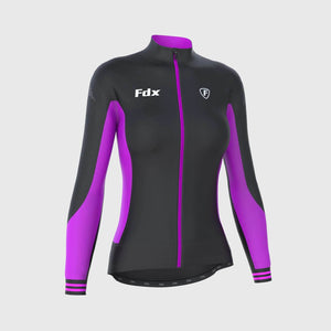 Fdx Women's Purple & Black Full Sleeve Cycling Jersey & Gel Padded Bib Pants for Winter Bike Wear Windproof, Hi-viz Reflectors & Pockets - Thermodream