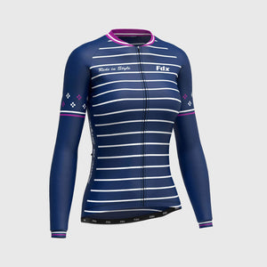 Fdx Women's Black & Blue Elastic Gripper Navy Blue Long Sleeve Cycling Jersey for Winter Roubaix Thermal Fleece Road Bike Wear Windproof, Hi viz Reflectors & Pockets - Ripple