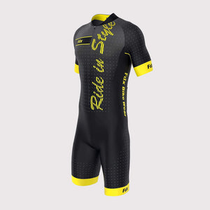 Fdx Mens Black & Yellow Sleeveless Gel Padded Triathlon / Skin Suit for Summer Cycling Wear, Running & Swimming Half Zip - Aero