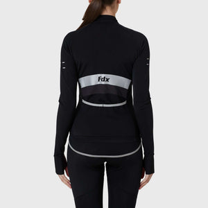 Fdx Women's Black Long Sleeve Cycling Jersey & Gel Padded Bib Tights Pants for Winter Roubaix Thermal Fleece Road Bike Wear Windproof, Hi-viz Reflectors & Pockets - Arch