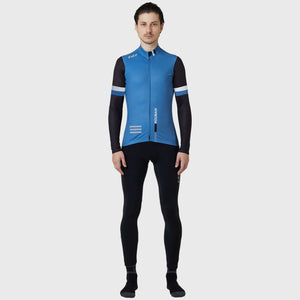 Fdx Black & Blue Long Sleeve Cycling Jersey for Mens, Winter Roubaix Thermal Fleece Road Bike Wear Top Full Zipper, Pockets & Hi-viz Reflectors - Limited Edition