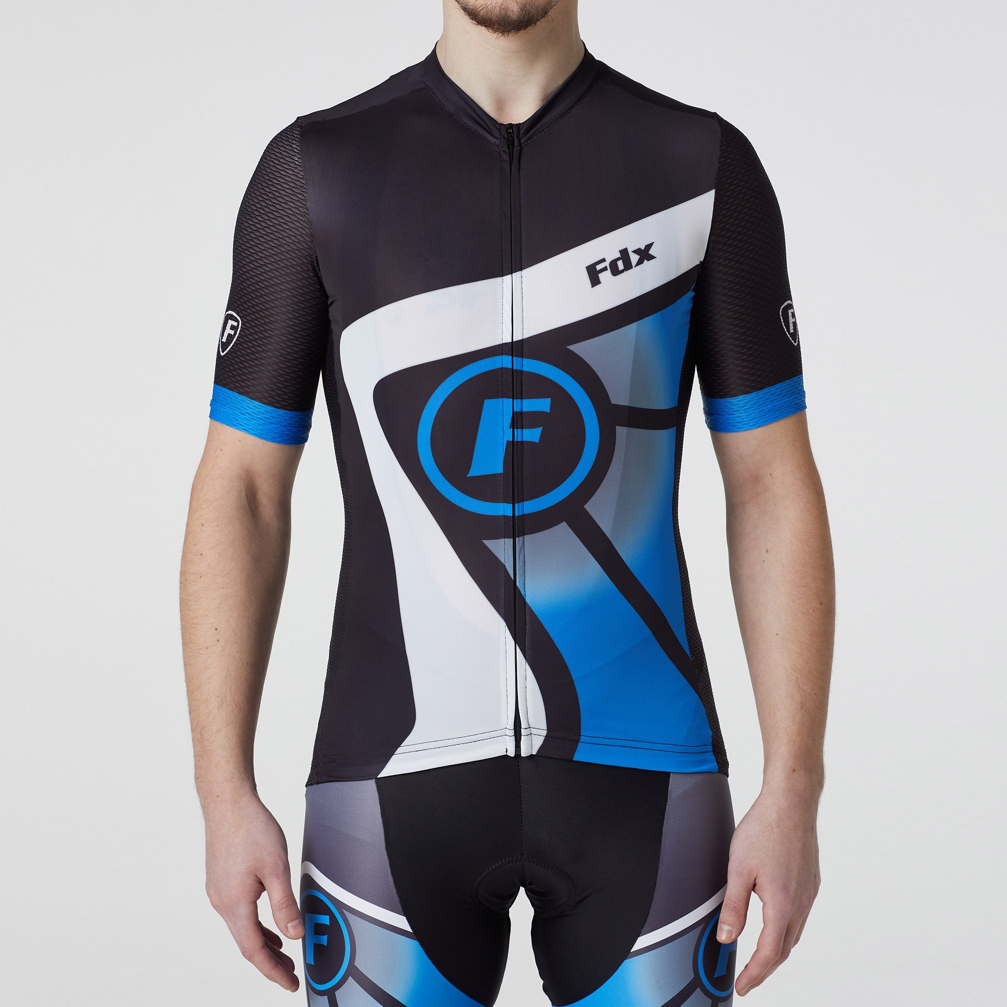 Fdx black & blue best men’s short sleeves cycling jersey breathable lightweight hi-viz Reflective details summer biking top, skin friendly full zip half sleeves mesh cycling shirt for indoor & outdoor riding with two back & 1 zip pockets