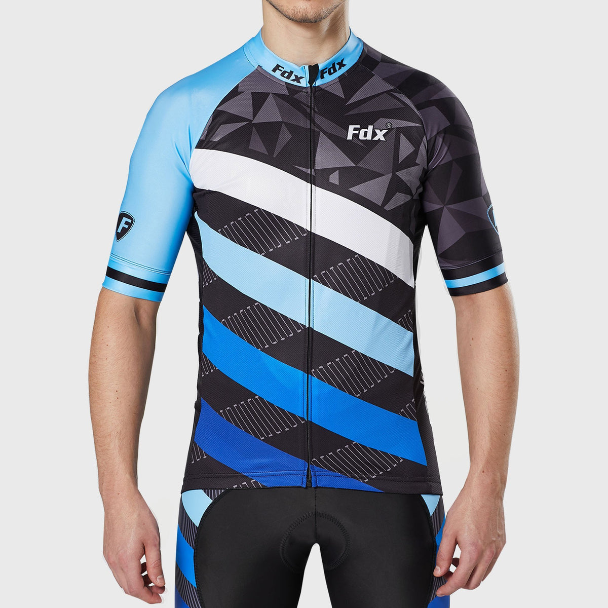 Fdx blue & black men’s best full zip short sleeves cycling jersey Hi-Viz Reflective details breathable summer lightweight biking top, skin friendly Hi-Viz Reflective half sleeves cycling shirt for indoor & outdoor riding with two back pockets