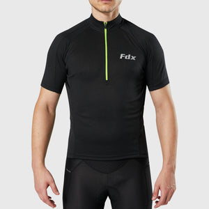 Fdx black men’s best short sleeves cycling jersey breathable lightweight hi-viz Reflective details summer biking top, full zip skin friendly half sleeves mesh cycling shirt for indoor & outdoor riding with two back & 1 zip pockets