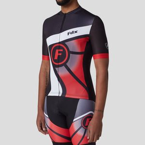 Fdx best men’s black & red  best short sleeves cycling jersey breathable lightweight hi-viz Reflective details summer biking top, full zip skin friendly half sleeves mesh cycling shirt for indoor & outdoor riding with two back & 1 zip pockets