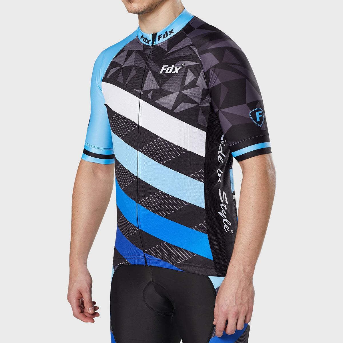 Fdx blue & black men’s best full zip short sleeves cycling jersey Hi-Viz Reflective details breathable summer lightweight biking top, skin friendly Hi-Viz Reflective half sleeves cycling shirt for indoor & outdoor riding with two back pockets