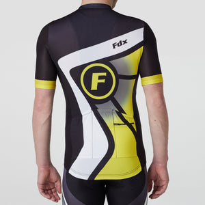 Fdx men’s black & yellow best short sleeves cycling jersey breathable lightweight hi-viz Reflective details summer biking top, full zip skin friendly half sleeves mesh cycling shirt for indoor & outdoor riding with two back & 1 zip pockets