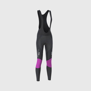 Fdx Women's Black & Purple Gel Padded Bib Tights Pants for Winter Roubaix Thermal Fleece Road Bike Wear Windproof, Hi-viz Reflectors & Pockets - Thermodream