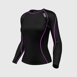 Fdx Women's Long Sleeve Compression Top Black & Purple Base Layer Gym Training Jogging Yoga Fitness Body Wear - Monarch