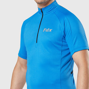 Fdx blue best short sleeves men’s cycling jersey breathable lightweight hi-viz Reflective details summer biking top, full zip skin friendly half sleeves mesh cycling shirt for indoor & outdoor riding with two back & 1 zip pockets